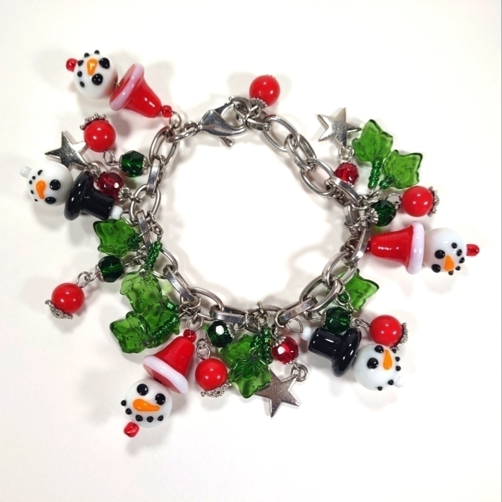 Christmas Snowman Silver Tone Charm Bracelet With Glass Lampwork Beads 8"